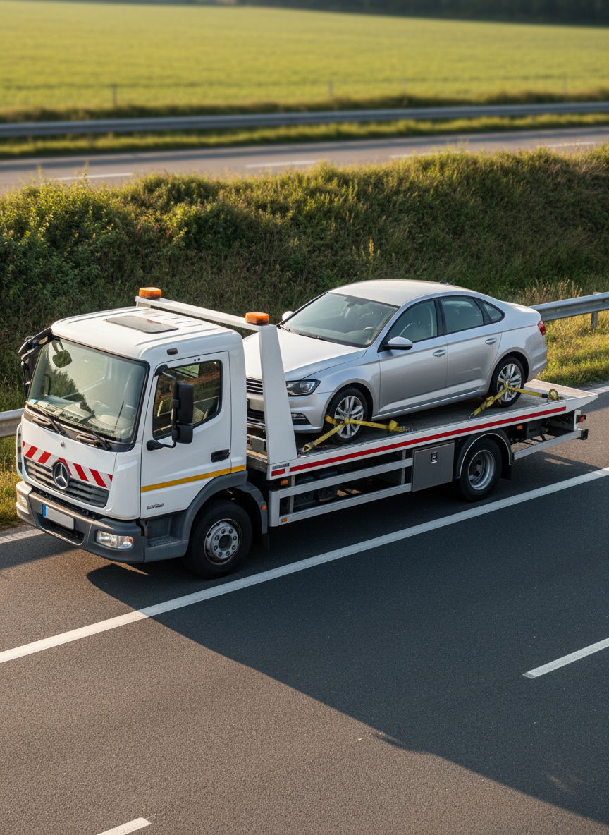 A medium-duty flatbed recovery truck with a neutral white cab and reflective safety markings is parked on a clean roadside shoulder, its hydraulic bed gently inclined with a damaged yet roadworthy car secured on top by visible straps. The damaged vehicle shows a scraped side and dented door, but intact glass and wheels, reflecting a realistic, non-dramatic accident. Late-afternoon natural light casts soft, elongated shadows along the truck and car, enhancing contours without harsh contrast. The background features a blurred Belgian countryside edge with low greenery and a hint of highway barrier. Captured in photographic realism from a three-quarter side angle with a wide composition, the mood is professional, efficient, and focused on the practical service of collecting damaged cars.