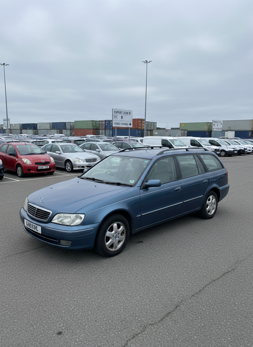 A slightly older diesel station wagon with a dull but clean dark blue finish, positioned in the foreground of a paved export parking area, three-quarters to the camera. Behind it, in progressively softer focus, are rows of mixed-age vehicles typically destined for export: compact city cars, robust sedans, and a few small vans. The sky is lightly overcast, providing soft, neutral daylight that reduces harsh reflections and creates a calm, balanced look. Discreet shipping containers and directional signs in the far background hint at export logistics without dominating the frame. The mood is practical and efficient, with photographic realism, eye-level composition, and a moderate depth of field that highlights the main car while clearly suggesting an organized export operation.