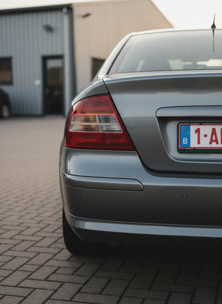 A close-up, detail-focused view of the rear of a slightly used Belgian-registered car, showcasing the clean license plate, well-maintained taillights, and smooth metallic gray paint with subtle reflections of the surroundings. The car is parked on a neat brick driveway in front of a simple, modern industrial building with neutral-colored cladding, which appears softly blurred in the background. Soft late-afternoon daylight gently illuminates the scene, creating refined highlights along the curvature of the rear bumper and a calm, professional mood. Captured at a low, three-quarter angle with shallow depth of field, the photographic realism emphasizes care, authenticity, and the everyday reality of vehicles that are ready to be bought by a professional auto opkoper in Belgium.