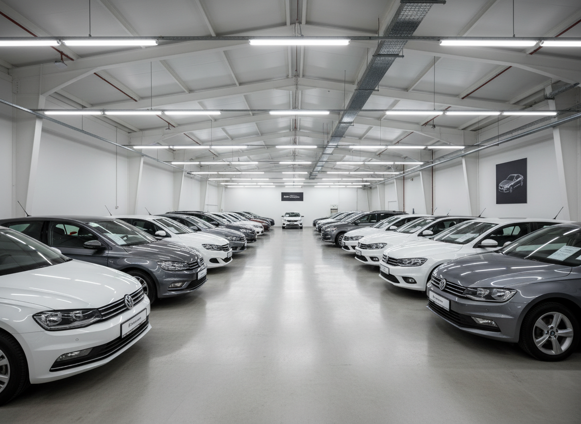 An organized indoor warehouse space with several used cars parked in precise rows on a smooth, light gray concrete floor, each vehicle tagged with a small, discreet paper on the windshield. The cars vary from compact city models to mid-size sedans, all in neutral colors like white, gray, and black, their paint subtly reflecting the overhead LED strip lighting. The bright, even artificial light fills the high-ceilinged space and creates soft, controlled shadows beneath each car. The camera captures the scene from a wide-angle, slightly elevated viewpoint, keeping everything in sharp focus to highlight order and professionalism. Clean white walls, minimal signage, and visible ceiling beams contribute to a modern, efficient, and trustworthy automotive buying environment in photographic realism.