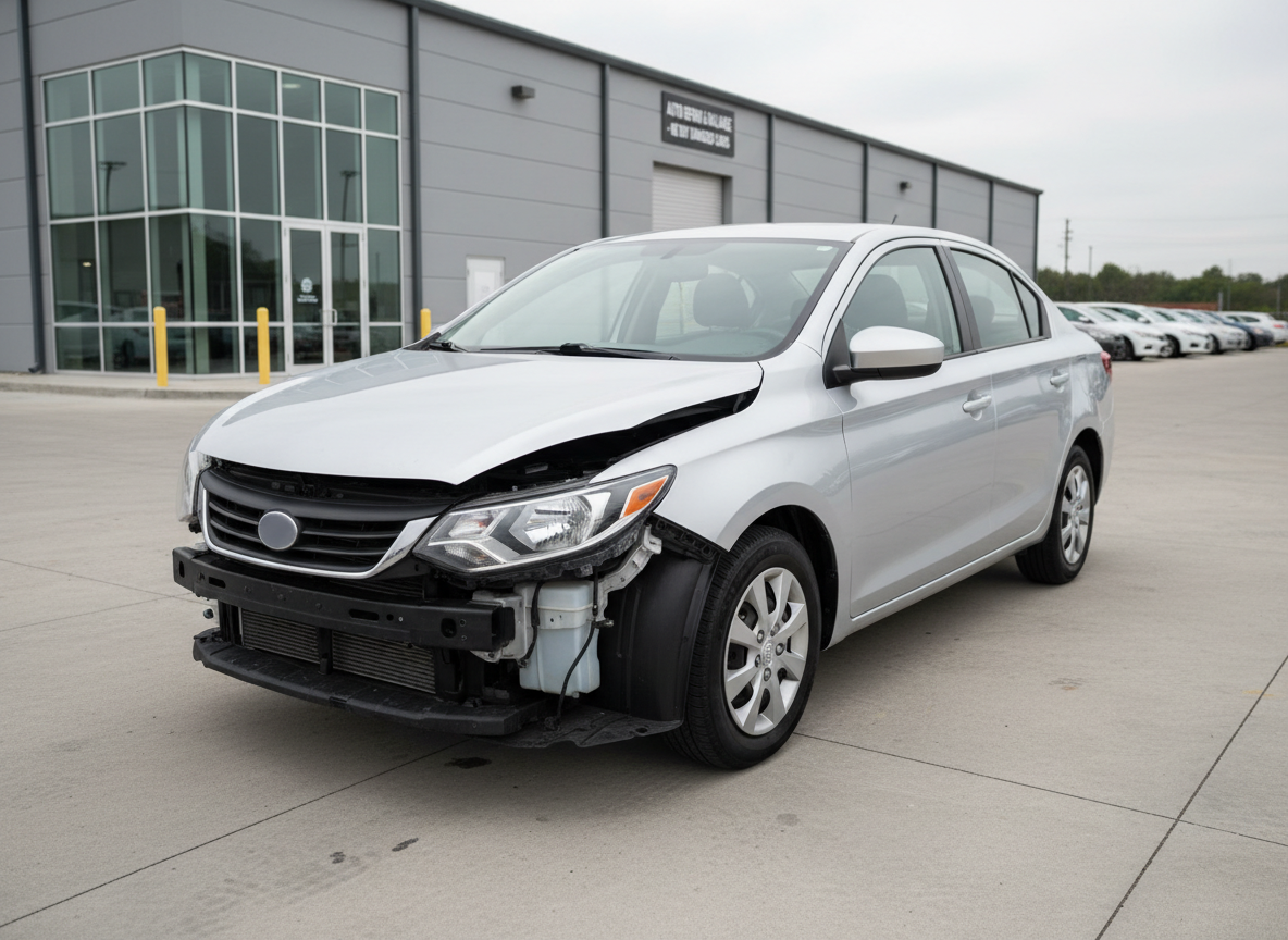 A front-damaged compact car with a crumpled bumper and visibly bent hood, yet with intact windows and a clean, undamaged side profile, parked on a tidy concrete surface outside a professional-looking workshop building. The car is shot from a slightly low, three-quarter angle to show both the damaged front and the still-solid overall condition. Diffused daylight from an overcast sky softens the scene, avoiding anything dramatic or sensational, and instead emphasizing clarity and honesty. In the softly blurred background, neatly parked undamaged cars and a simple workshop entrance suggest a serious business environment. The image is rendered in photographic realism, with a neutral, matter-of-fact atmosphere that communicates fair purchase of damaged vehicles.