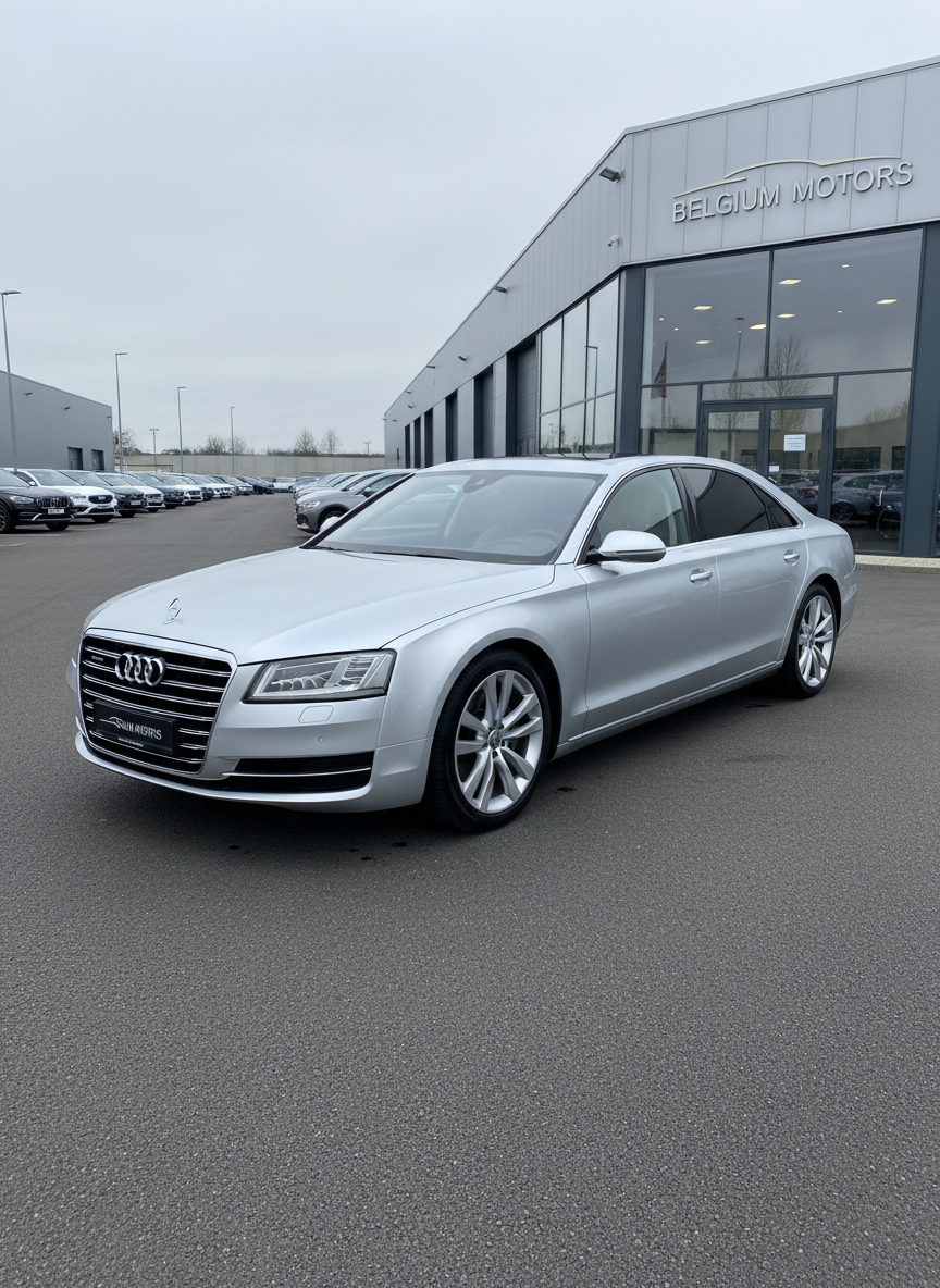 A clean, late-model European sedan with a metallic silver finish and subtle reflections on its polished bodywork, parked neatly on a smooth asphalt surface in front of a modern industrial warehouse in Belgium. The car is positioned three-quarters to the camera at eye level, showcasing both its front and side. Soft overcast daylight creates even, diffused lighting with gentle shadows under the car, emphasizing its contours without harsh contrasts. In the blurred background stand orderly rows of other vehicles, hinting at a professional car buying lot. The atmosphere is trustworthy and businesslike, captured in photographic realism with a sharp focus on the main car and a slightly shallow depth of field that keeps the scene clean and uncluttered.